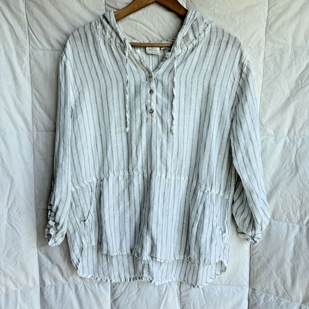 C&C California Womens Medium 100% Linen Striped Hoodie Pullover Shirt White Blue - Picture 6 of 15